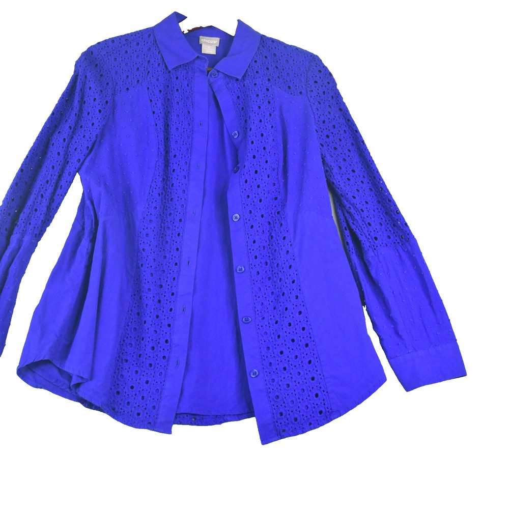 Chicos Shirt Womens Sz 0 (US 4/6) Button Up Bue Long Sleeve